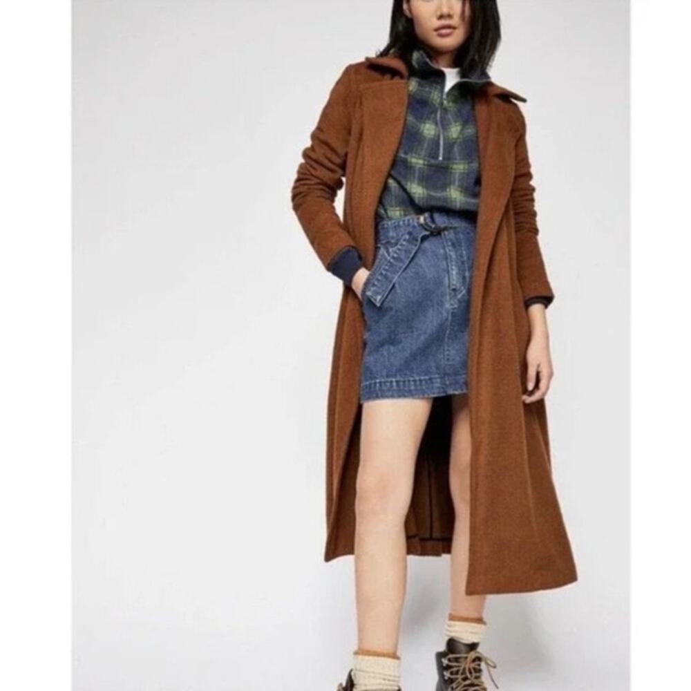 Free People Sierra Slouchy Belted Long Wool Coat Brown Size Medium